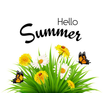 快乐的暑假假期背景与花朵和蝴蝶。V