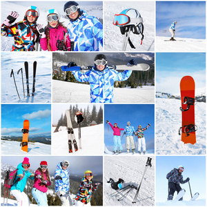 在山地滑雪胜地有运动装备的年轻人群。寒假