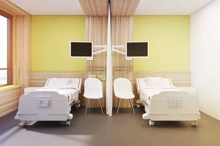 病房内有两张床，黄色，, 色调