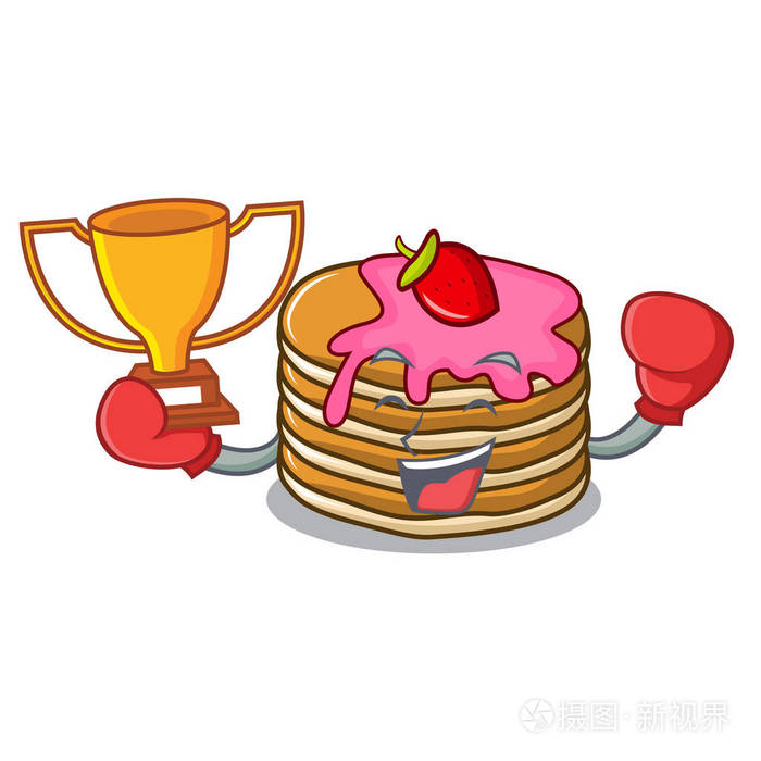 拳击冠军煎饼与草莓吉祥物卡通