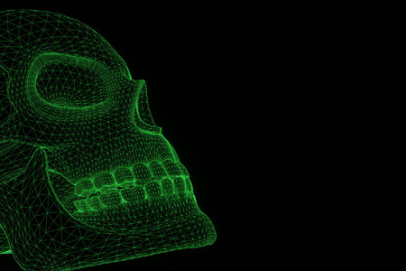 人类的头颅骨三维线框全息在运动。漂亮的 3d 渲染