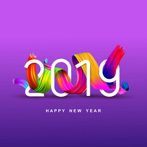 2019新年的彩色刷子笔触油或丙烯酸漆设计元素。节日有色背景。矢量插图。在紫色背景上隔离