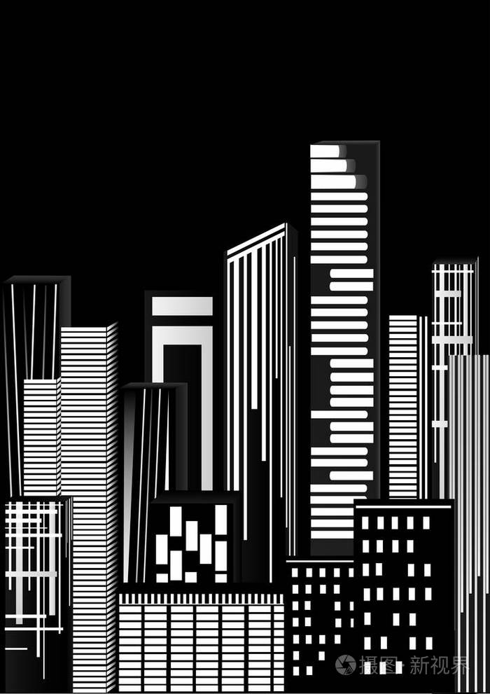 摩天大楼在城市在夜晚, 矢量, 垂直, 黑色和白色的图像