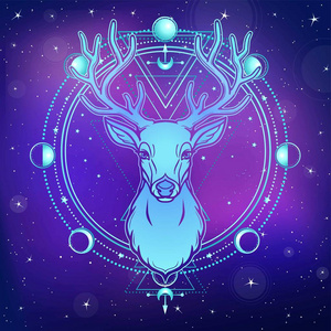 异教神.神圣几何学的圆圈, 月亮的相位.矢量插图.背景夜空星空.