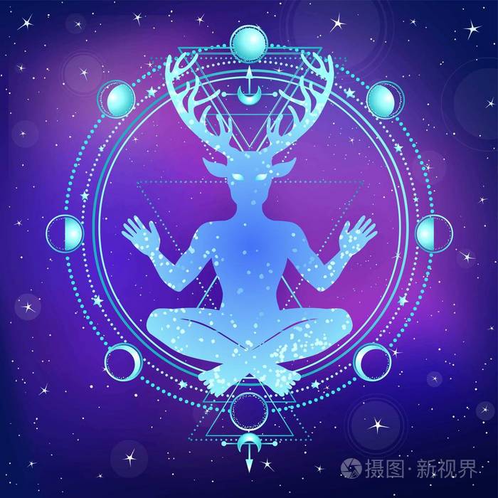 坐角神cernunnos 的剪影 圆神圣的几何 月亮的阶段 背景 夜空星空 空间 神秘的 深奥的 异教的 神秘主义的插画 正版商用图片0q8lsm 摄图新视界