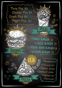 粉笔披萨 汉堡和蛋黄酱的菜单列表板书设计，手工绘制的图形化显示