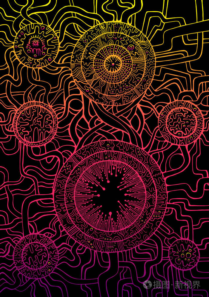 装饰性,抽象性,背景性,迷幻族风格,渐变色彩轮廓上的黑色背景.