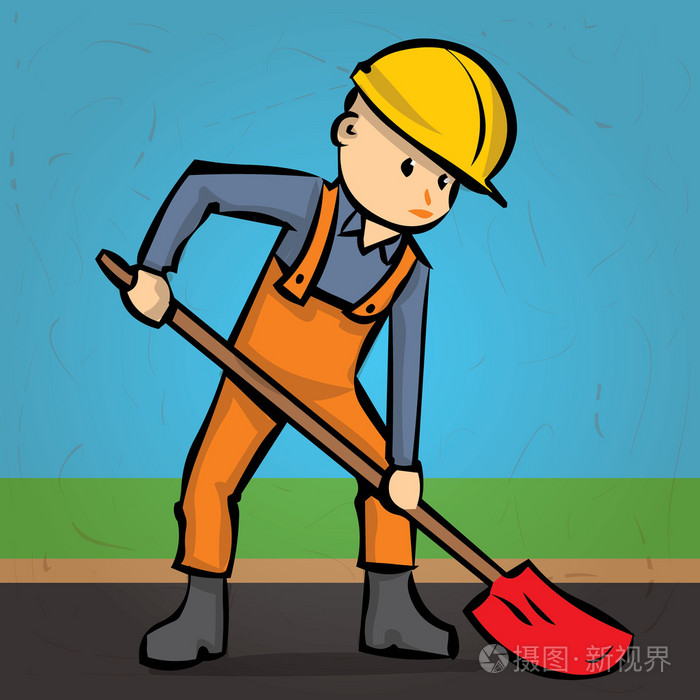 道路工人用一把铲子