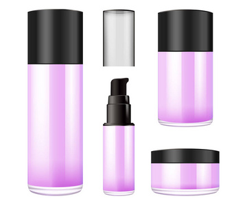 现实的紫色玻璃罐子与塑料盖子为化妆品身体奶油, 黄油, 擦洗, 粉底霜, 凝胶, 护肤品, 粉末。优质的产品。包模板。矢量模拟