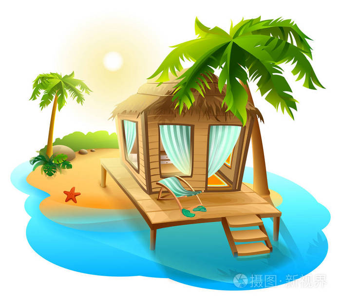海滩度假.热带岛屿上的茅草的小屋小屋