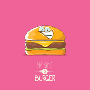 矢量卡通小汉堡字符与奶酪, 肉类和沙拉图标在粉红色的背景下孤立。我的名字是汉堡矢量概念插图