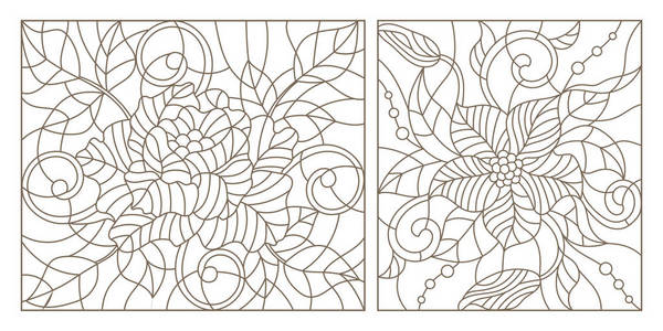 在彩色玻璃风格，抽象的花，白色背景上的黑色轮廓设置轮廓插图
