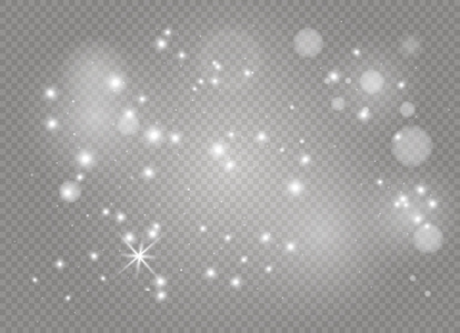 白色的火花和金色的星星闪耀着特殊的光效果。矢量在透明背景上闪闪发光。圣诞节摘要