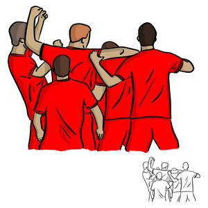 五名足球运动员在拍摄目标矢量插图草图涂鸦手绘制与黑色线隔离白色背景