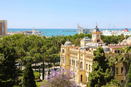 马拉加市政厅景观从马拉加丽城与港口的背景, 西班牙