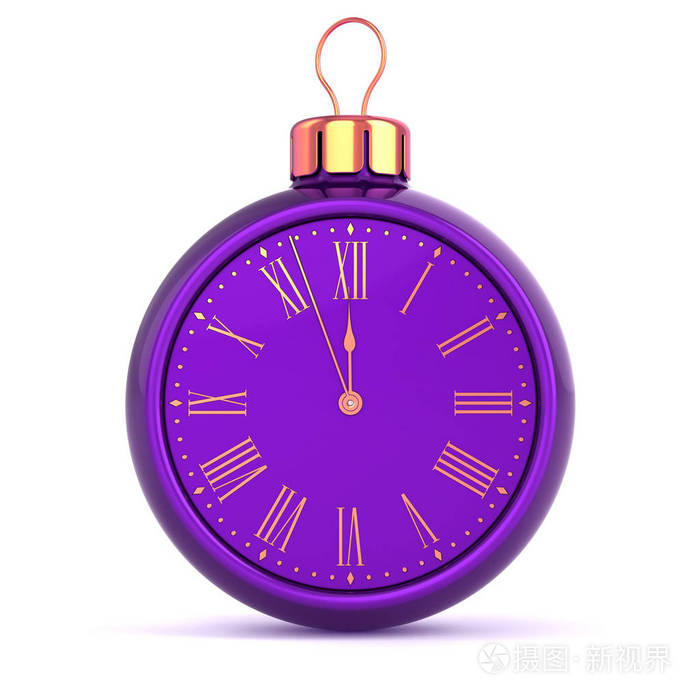 圣诞球装饰未来倒计时饰品紫色.传统的快乐冬季节日开始象征.3d 插图