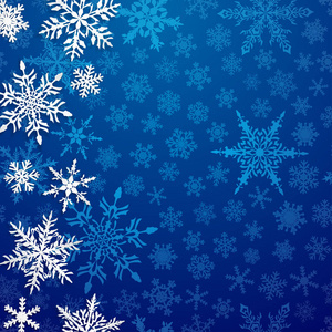 蓝色背景下带有阴影的大白色雪花的圣诞插图