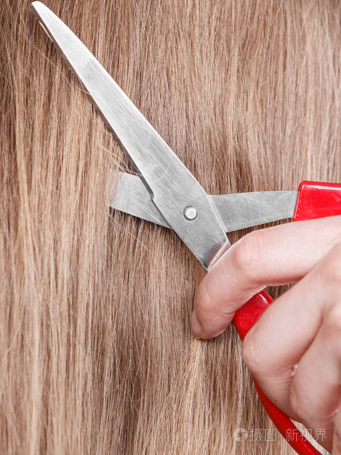 红色的大剪刀剪金发长直顺畅头发的特写女人在理发沙龙