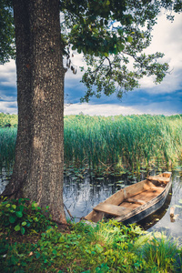 夏季湖岸的木船