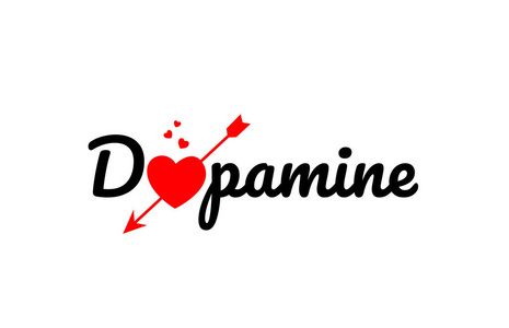 多巴胺词文本与红色残破的心脏用箭头概念, 适合标志或排版设计