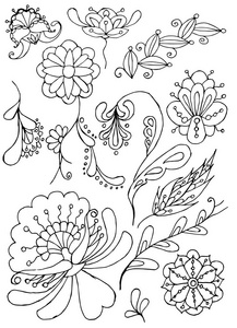 手绘花卉剪贴画, 风格化的细线单色花, 叶子设计元素股票矢量图为网页, 用于打印
