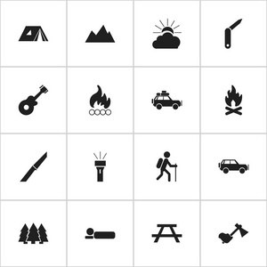 16 可编辑旅行图标集。包括被褥 Ax 运动型车等符号。可用于 Web 移动 Ui 和数据图表设计
