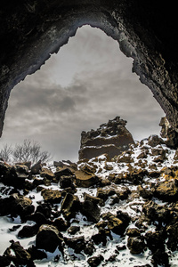 Dimmuborgir, 大面积的异常形状的熔岩场, Myvatn 以东, 冰岛。Myvatn 地区冰岛。Dimmuborgi