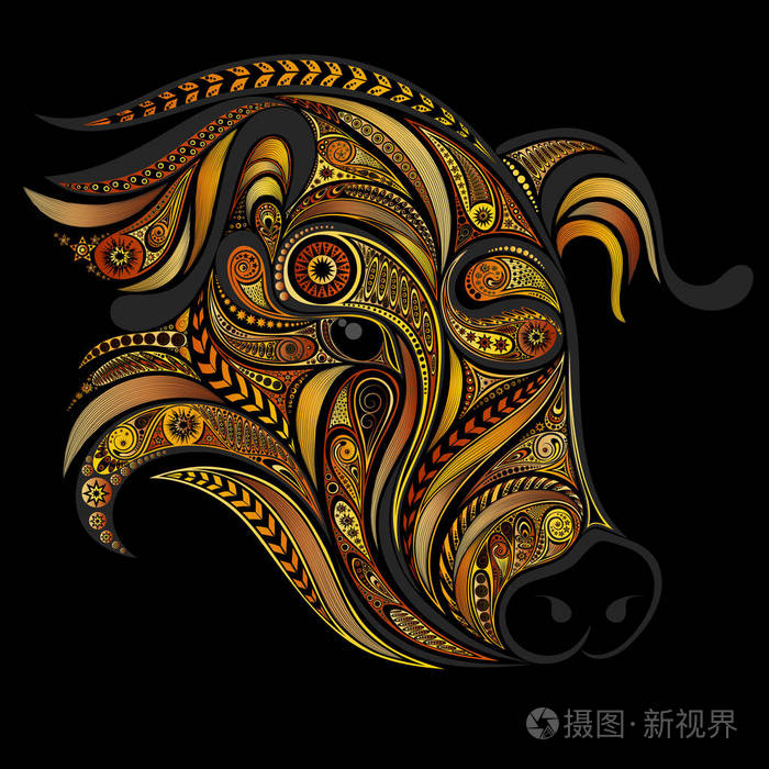 2019农历新年的象征.黑暗背景下的黄猪图案