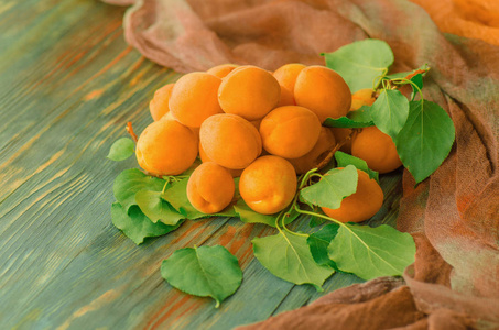 成熟的杏和杏叶在木材上。老木背上有叶子的杏