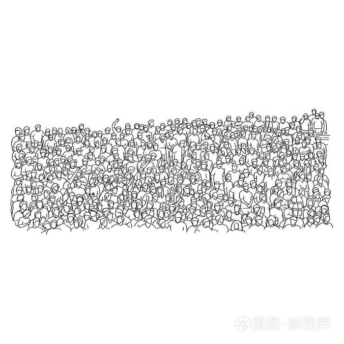 人群在体育场矢量插图草图涂鸦手画与黑色线隔离在白色背景上