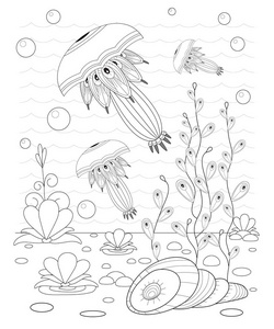 手绘装饰水母在波浪与海藻