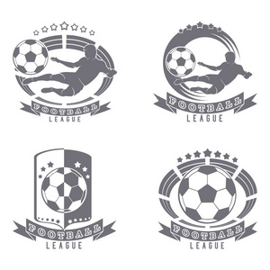 一套足球标志与球, 足球剪影, 盾牌, 竞技场, 体育场。单色图像