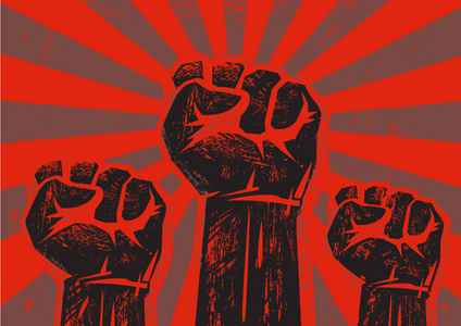 三握紧拳头提出抗议的垃圾背景与太阳射线.复古风格矢量海报照片