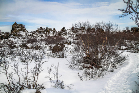 Dimmuborgir, 大面积的异常形状的熔岩场, Myvatn 以东, 冰岛。Myvatn 地区冰岛。Dimmuborgi