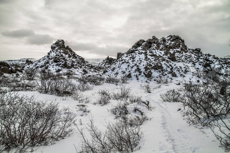 Dimmuborgir, 大面积的异常形状的熔岩场, Myvatn 以东, 冰岛。Myvatn 地区冰岛。Dimmuborgi