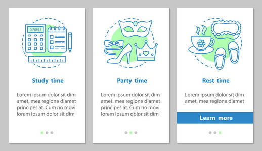 学习, 聚会和休息时间入职移动应用程序页面屏幕与线性概念。每日学生计划步骤图形说明。带有插图的 UxUiGui 向量模板