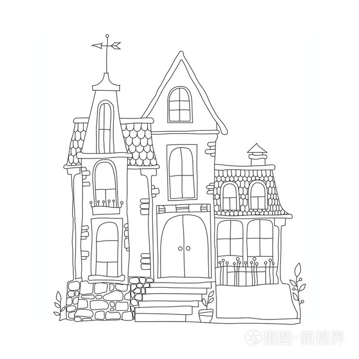 黑色和白色的插图中的卡通风格的豪宅插画-正版商用图片0q9v8w-摄图新