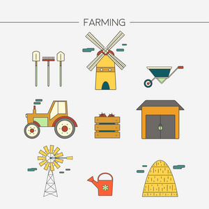 农业收获和农业装饰图标设置。 向量