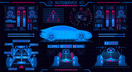 汽车服务。图形界面。车轮的诊断对准。检查减震器转向机构椭圆刹车系统和仪表板。插图
