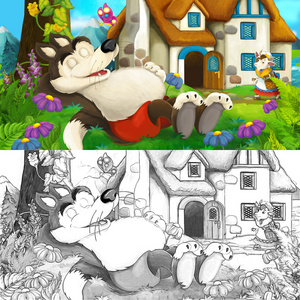 卡通场景的一只狼,睡在屋外-与着色页照片