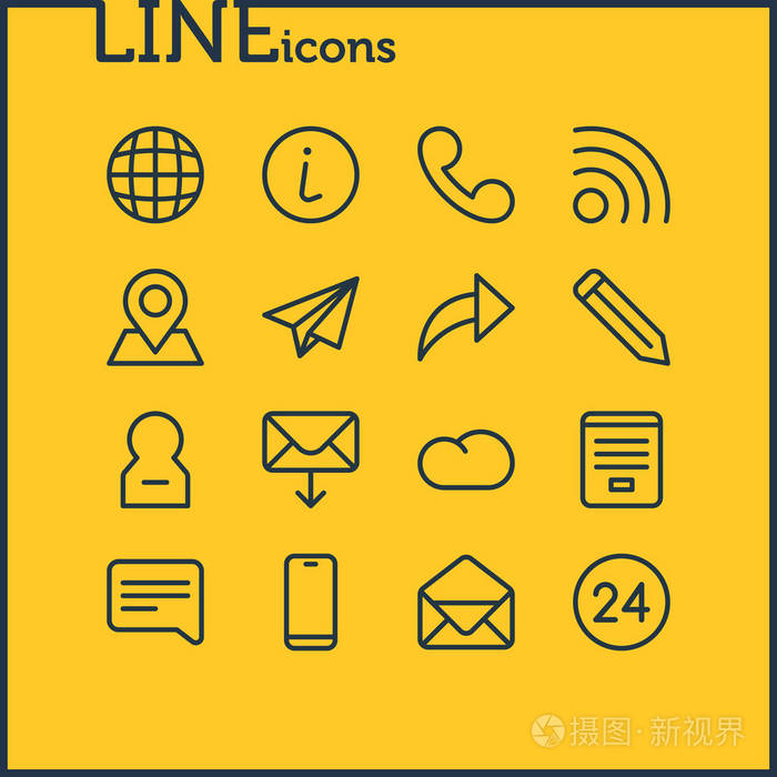 图示16联系人图标线条样式.可编辑的云,信息,纸平面和其他图标元素集