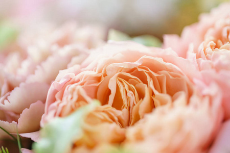 花的背景。美丽的春天花束。颜色浅粉色。花店的概念, 小型家族企业