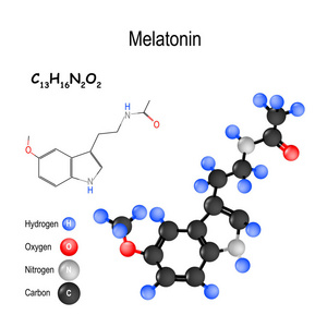 褪黑激素是一种调节睡眠和清醒的荷尔蒙。分子的结构。褪黑素分子的化学公式和模型。医学教育和科学使用的向量例证