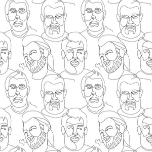无缝图案与胡子男子肖像一线艺术。男性面部表情。手绘线人剪影背景。矢量插图