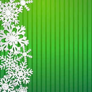 圣诞插图与大白色雪花与阴影条纹绿色背景