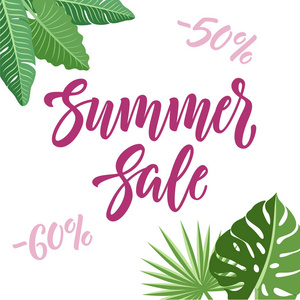夏季销售和折扣设计与字体和热带叶子在白色背景