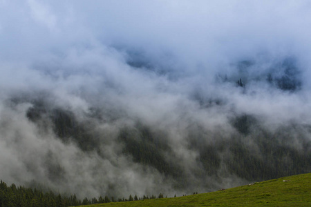 在欧洲阿尔卑斯山的夏季风景, 与戏剧性的雾云