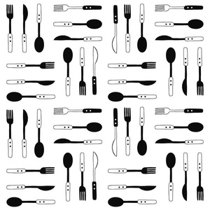 餐具图案。叉 刀 勺矢量背景。手绘涂鸦矢量图。黑色和白色素描餐具