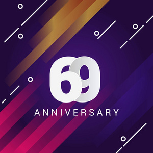 69周年纪念标志在紫罗兰色背景以橙色和粉红色条纹, 向量例证照片