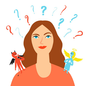 魔鬼图卡通女孩做选择.天使和魔鬼在她的肩膀上.设计的概念插图照片